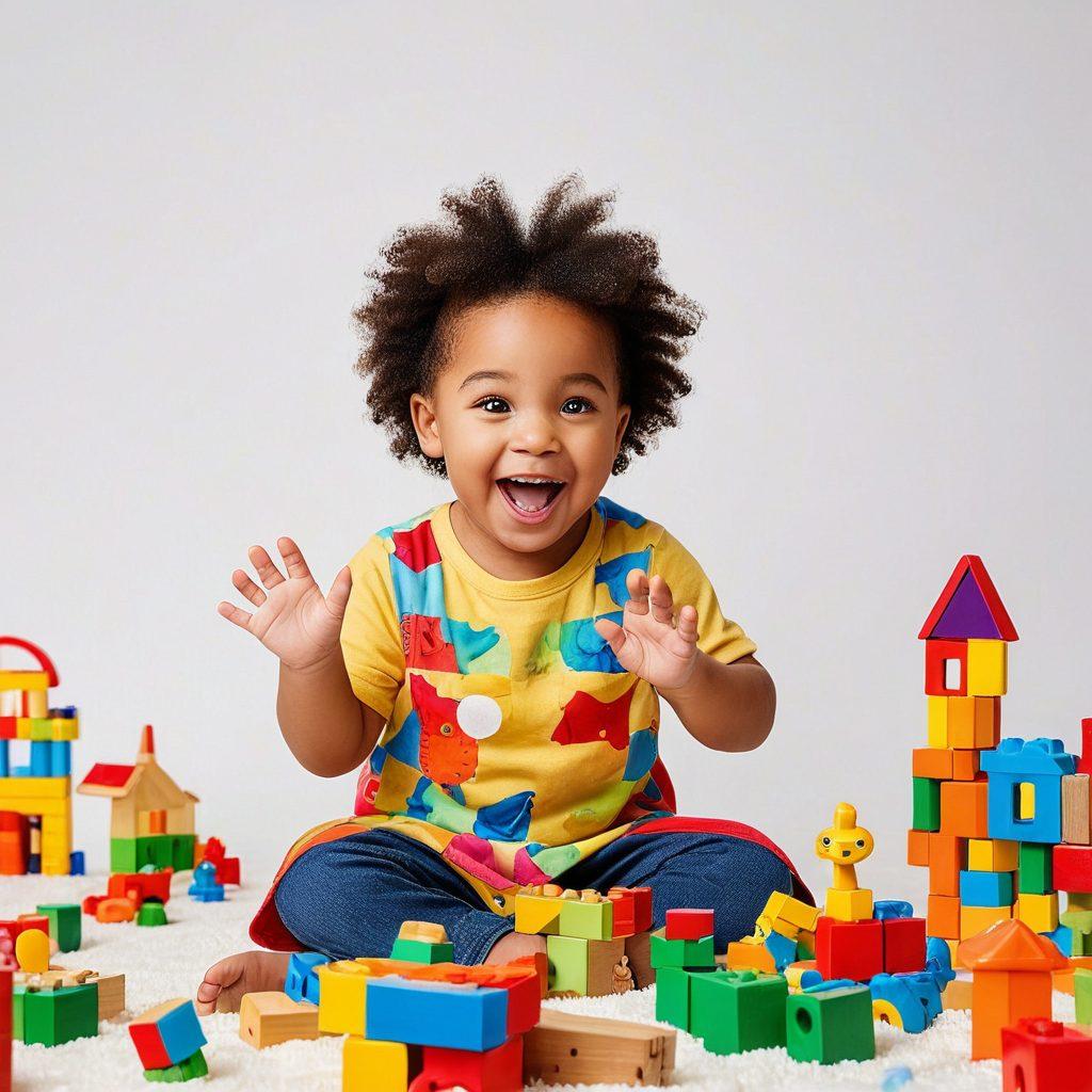 A vibrant and playful display of various interactive and educational toys designed for different age groups, set against a colorful, inviting backdrop. Include a happy child engaged with a toy, surrounded by building blocks, puzzles, and plush animals, highlighting their educational aspects. The scene should convey a sense of joy and discovery, capturing the essence of childhood learning through play. playful illustration. bright colors. white background.