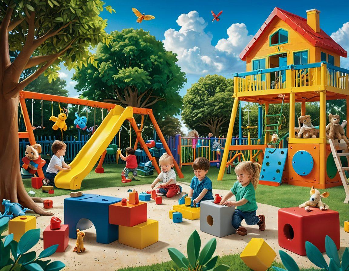 A colorful playground scene with toddlers playing joyfully with age-appropriate toys like building blocks, plush animals, and art supplies, while tweens engage in creative activities like crafting and robotics. The background features lush greenery and a vibrant sky, symbolizing growth and fun. The focus should highlight the interaction between different age groups, showing the progression from simple toys to more complex ones. super-realistic. vibrant colors. children's book illustration.