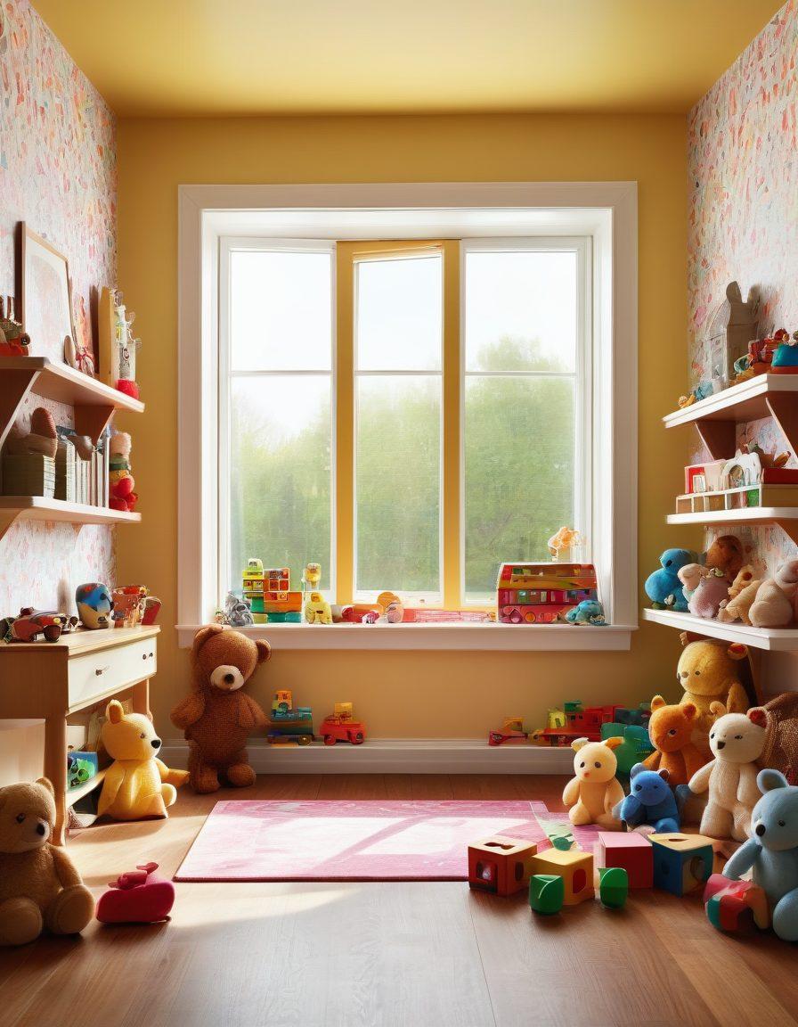 A whimsical room filled with colorful and diverse toys for all ages, including plush animals, building blocks, arts and crafts supplies, and educational games. Soft natural lighting streams through a window, casting joyful shadows. A happy child is seen playing and exploring different toys, embodying the spirit of creativity and joy. The background features playful drawings on the wall, enhancing the lively atmosphere. bright colors. playful illustration. 3D.